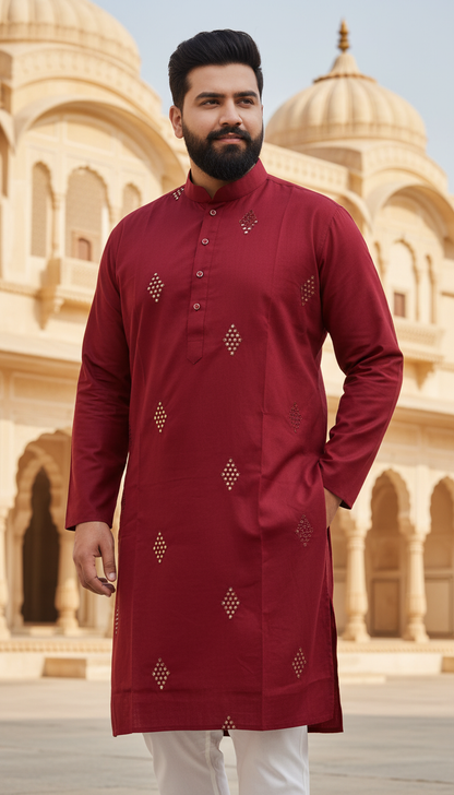 KPD4014 Cherry Red Rayon Mix Kurta With Mirror Work
