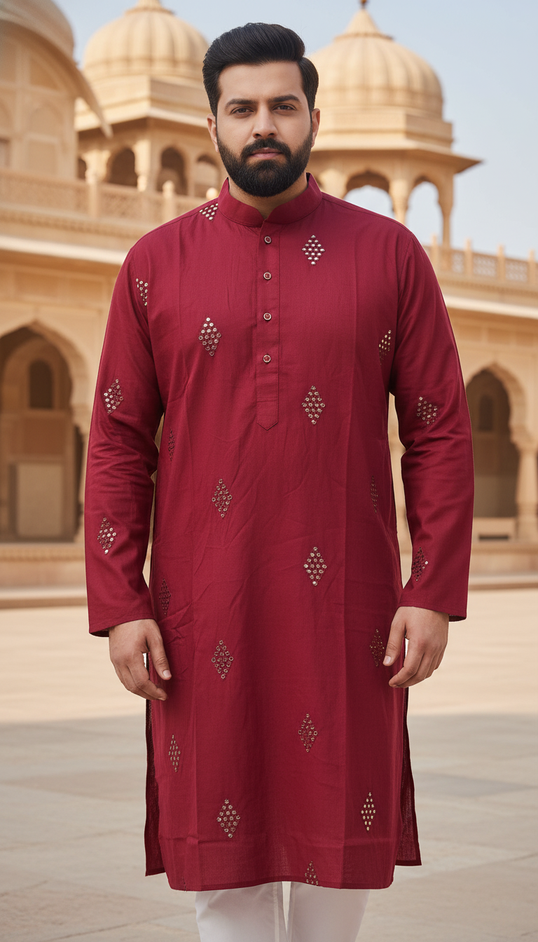 KPD4014 Cherry Red Rayon Mix Kurta With Mirror Work