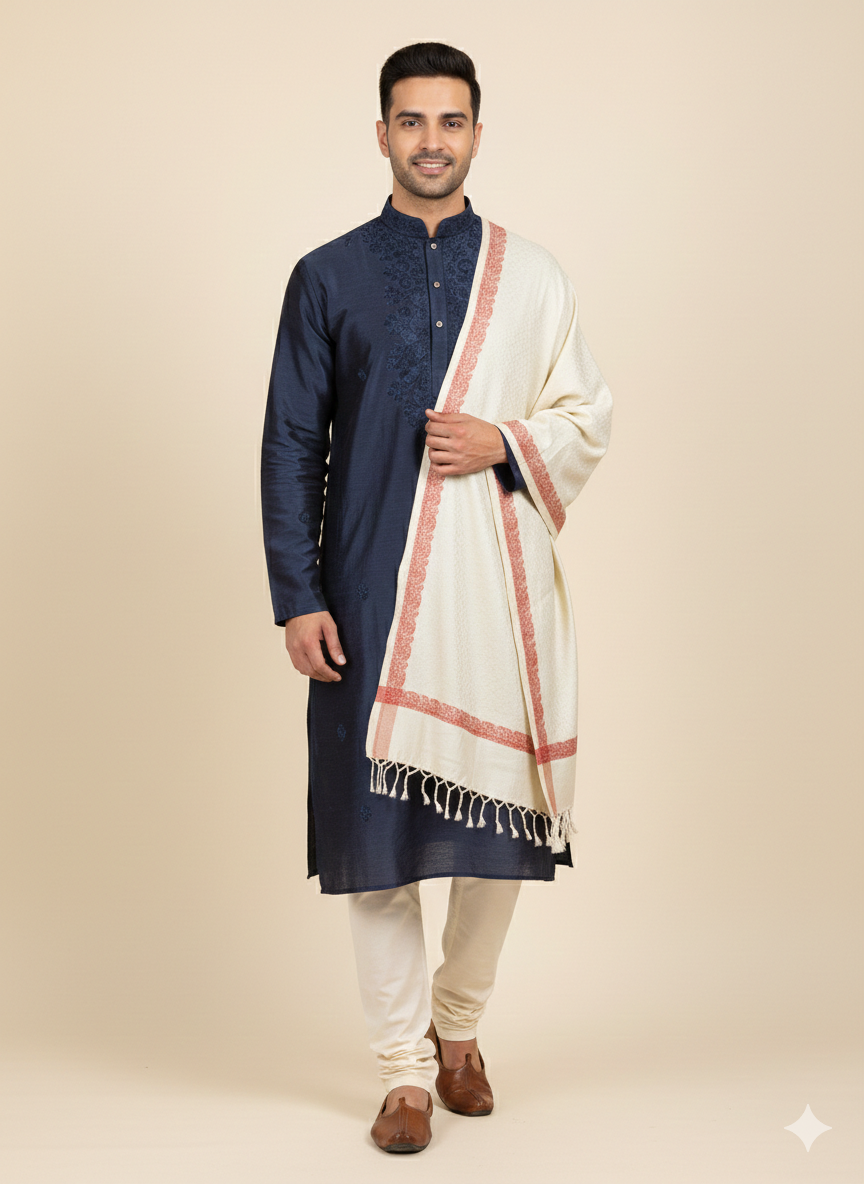 Man wearing a navy kurta with white pants and a cream shawl on a beige background