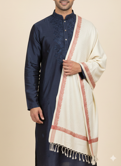Man wearing a navy kurta with a white and red shawl on a beige background