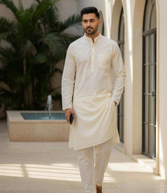 KPC1036 Plain Cream Designer Kurta Set For Men