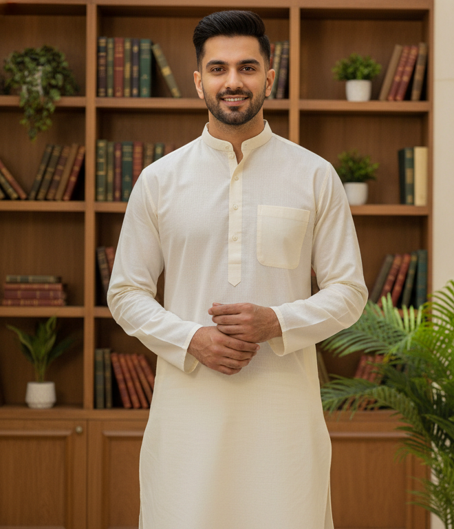 KPC1036 Plain Cream Designer Kurta Set For Men