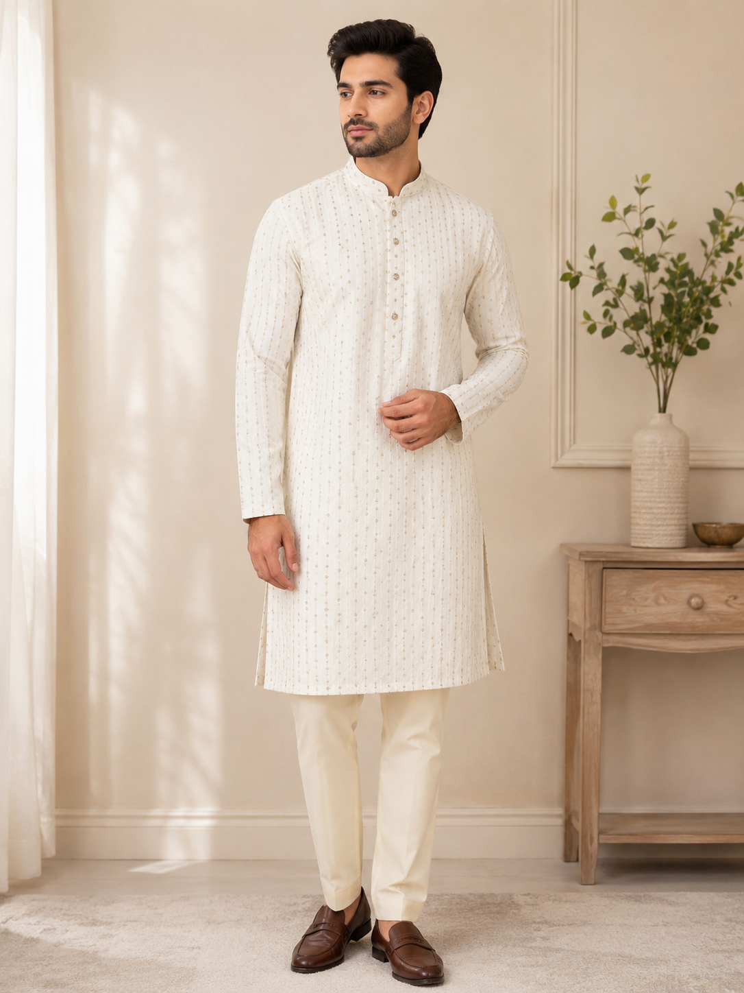 KPD6241 White Heavy Sequins Work Kurta With Lining