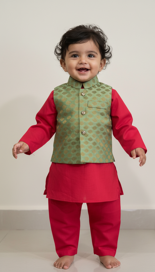 KPK7080 Red Kurta Pyjama and Green Nehru Jacket