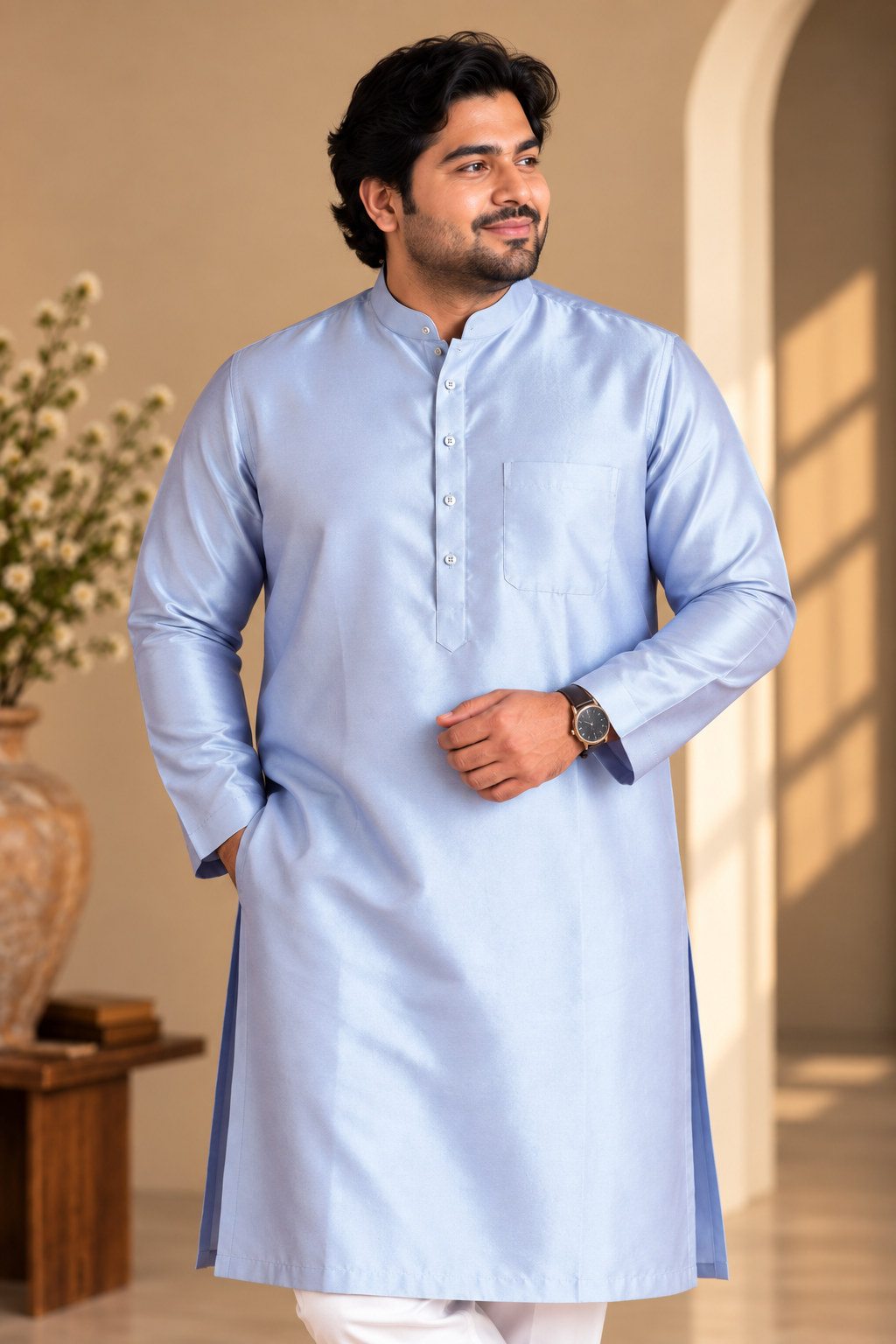 KPD4113 Plus Size Blue Silk-Blend Kurta with White Pyjama