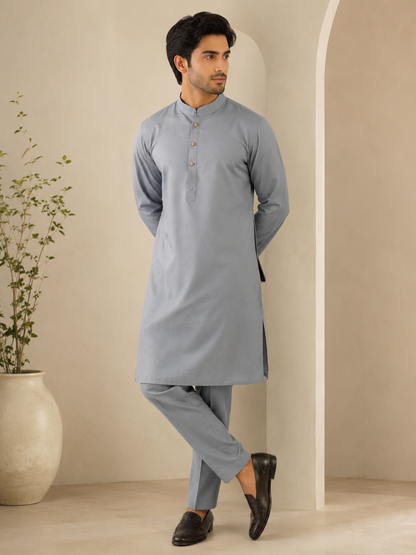 KPC1048 Steel Grey Cotton Kurta Pant Set