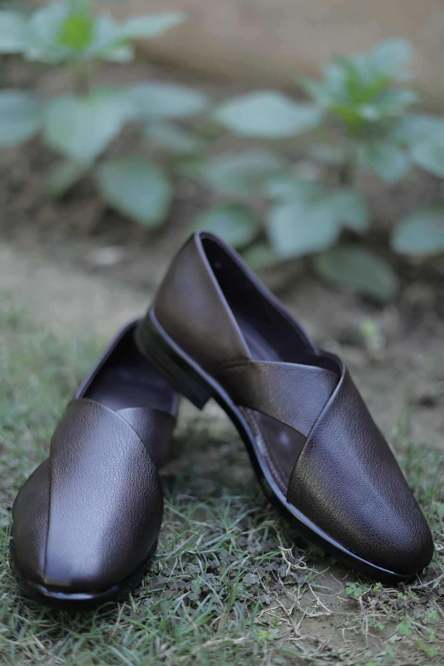 Pair of brown leather shoes on a grassy surface with blurred greenery in the background