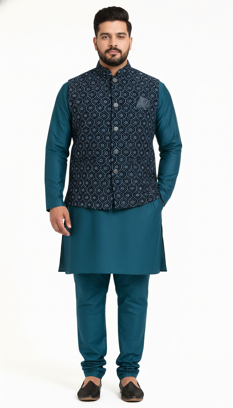 KPD5294 Plus Size Dark Teal Heavy Work Nehru Jacket