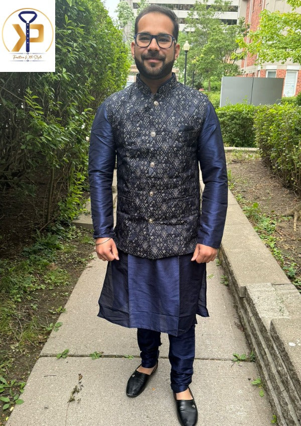 blue kurta pyjama with nehru jacket