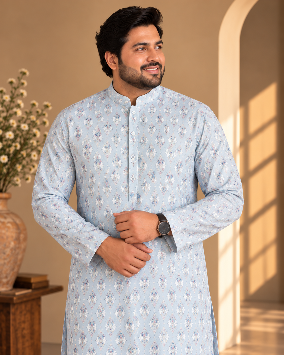 KPD4117 Plus Size Imperial Sky Metallic Printed Kurta with White Pyjama