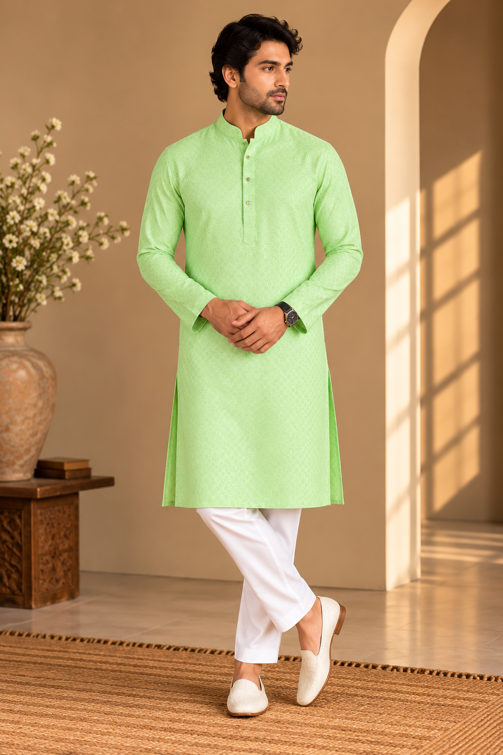 KPD4118 Plus Size Light Green Self-Patterned Kurta with White Pyjama