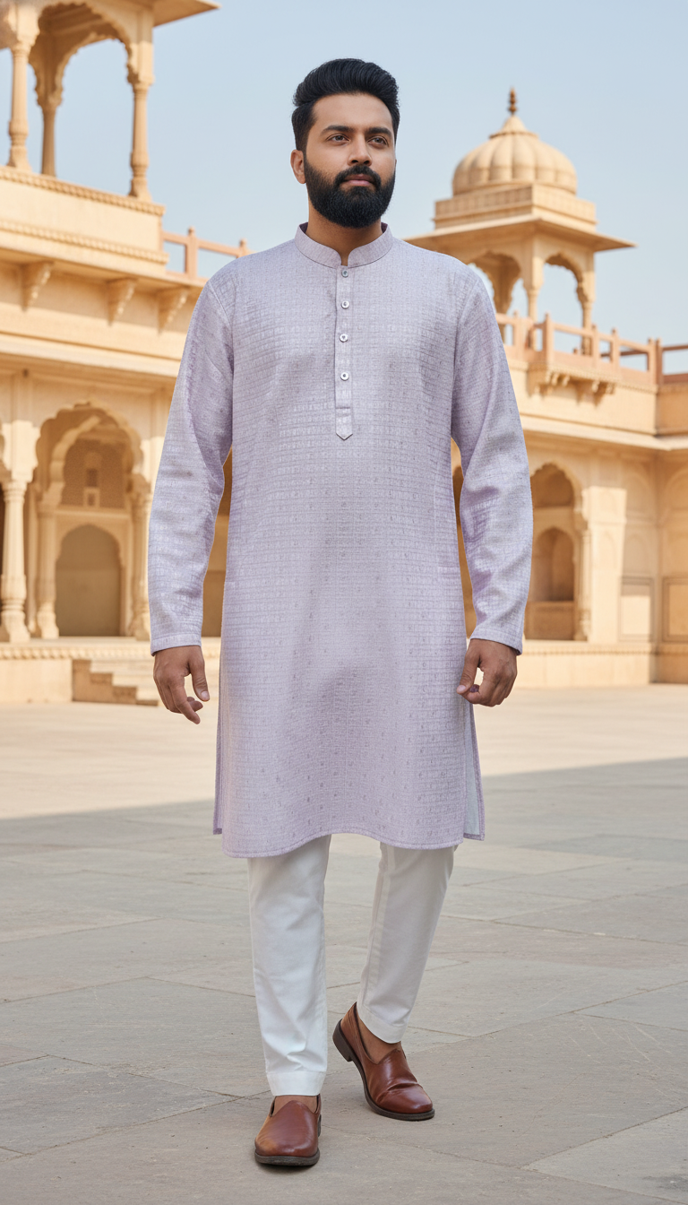 Man wearing a light gray kurta with white pants 