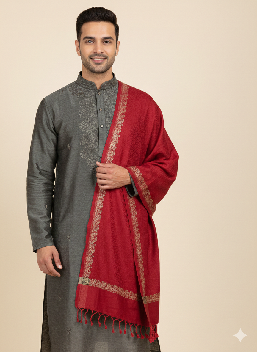 Man wearing a gray kurta with a red shawl on a beige background