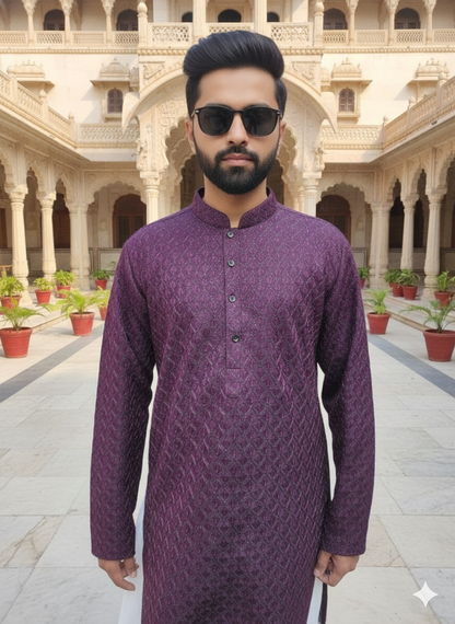 Man wearing a purple traditional outfit with sunglasses in an architectural setting