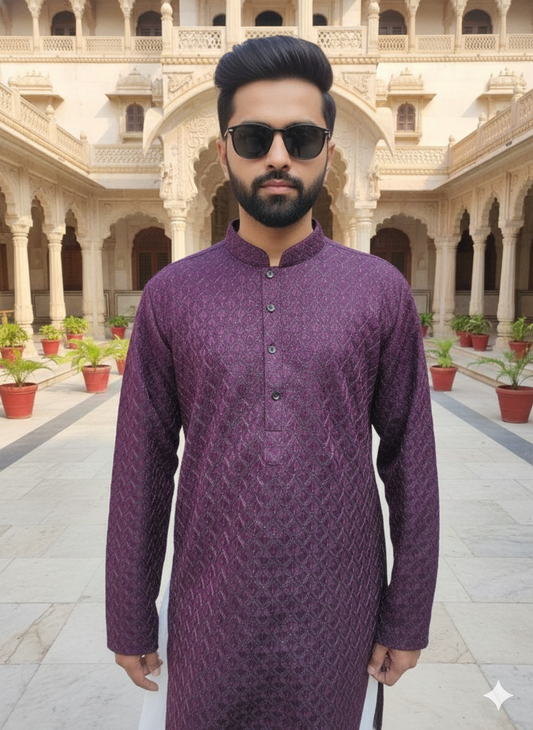 Man wearing a purple traditional outfit with sunglasses in an architectural setting