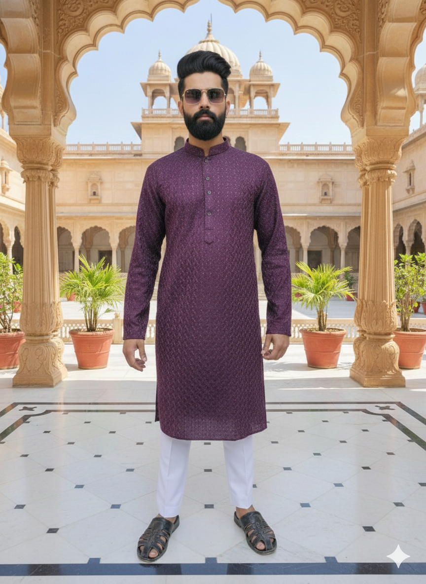 Man wearing a purple kurta with white pants in an architectural setting