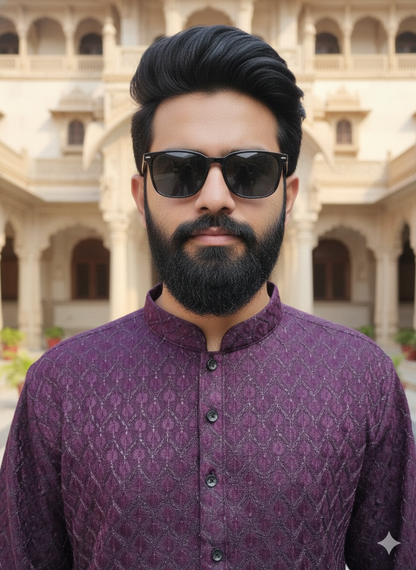 Man wearing sunglasses and a patterned shirt in front of an architectural background