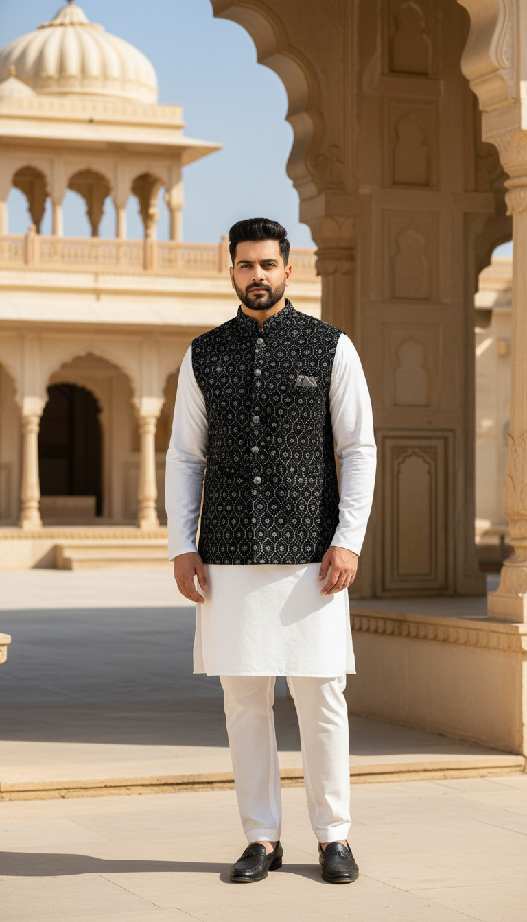 Plus Size Black Velvet Nehru Jacket