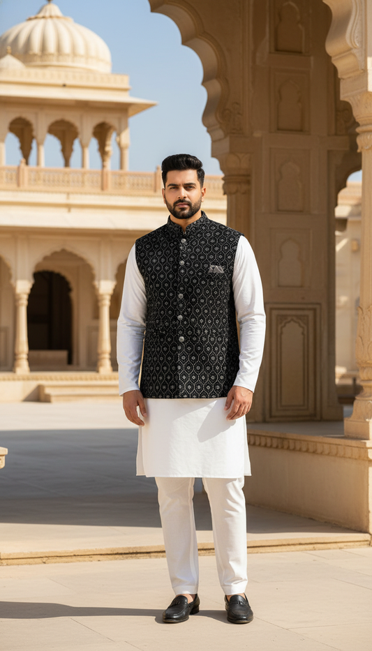 Plus Size Black Velvet Nehru Jacket