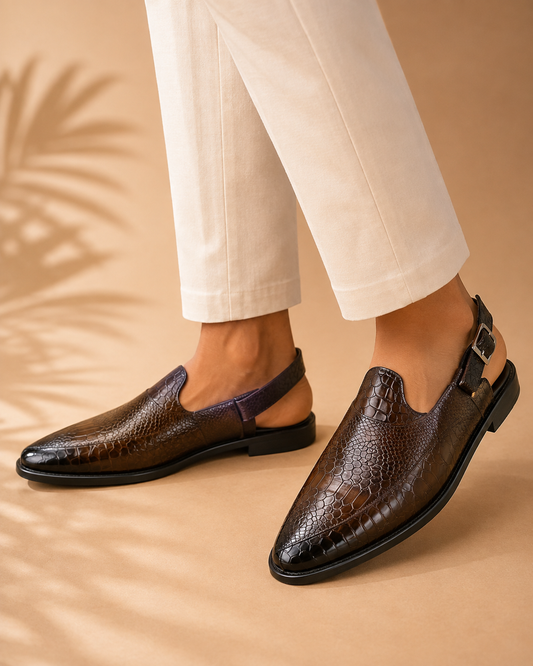 KPL0056 Brown Textured Peshawari Sandals / Jutti for Men