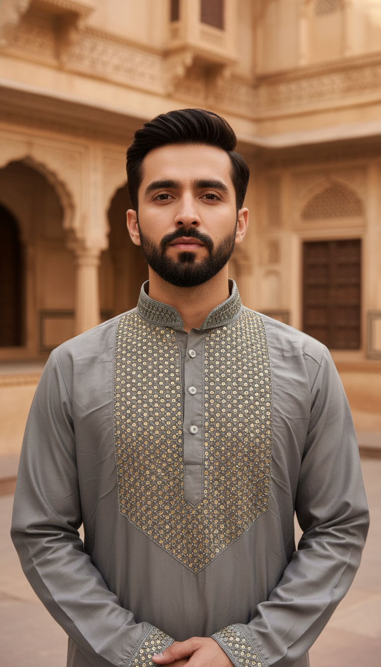 KPD6128 Grey Heavy Work Kurta Pyjama Set