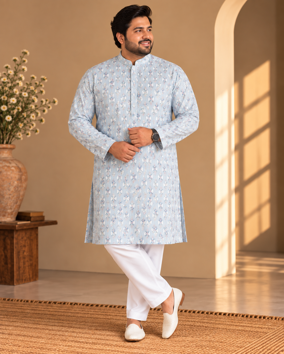 KPD4117 Plus Size Imperial Sky Metallic Printed Kurta with White Pyjama