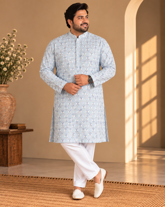 KPD4117 Plus Size Imperial Sky Metallic Printed Kurta with White Pyjama