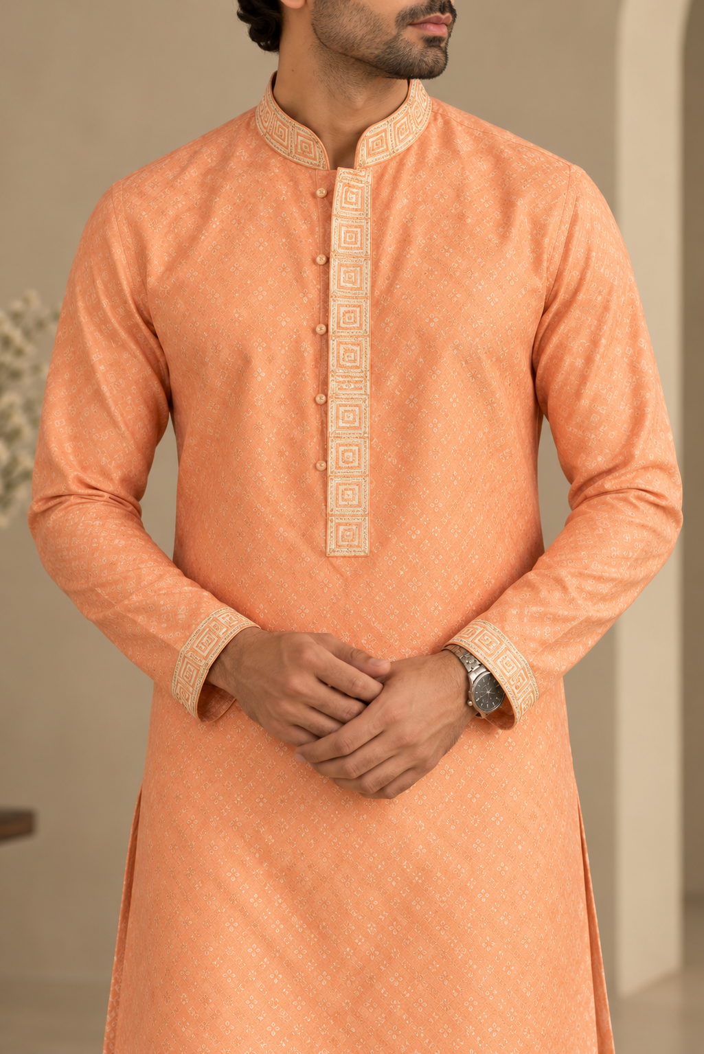 KPD6294 Peach Self-Patterned Designer Kurta with White Pyjamas