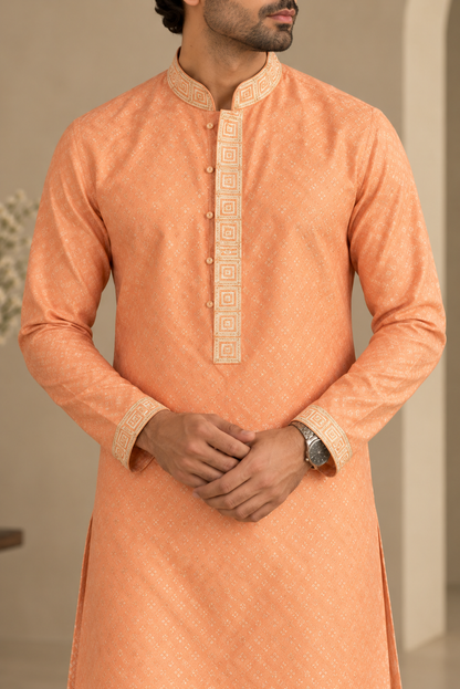 KPD6294 Peach Self-Patterned Designer Kurta with White Pyjamas