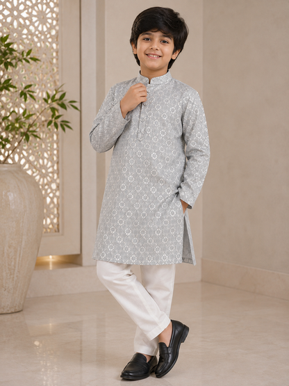 KPK2011 Silver Grey Printed Kurta Pyjama Set for Boys