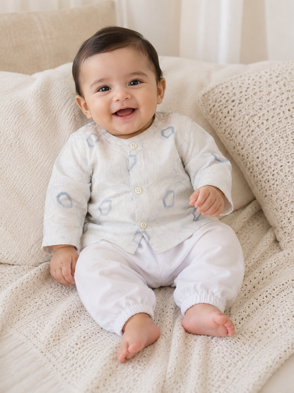 KPK2013 Baby Boy Ivory Printed Cotton Kurta Pant Set