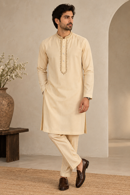 KPD6291 Sand Beige Embroidered Kurta Pant Set