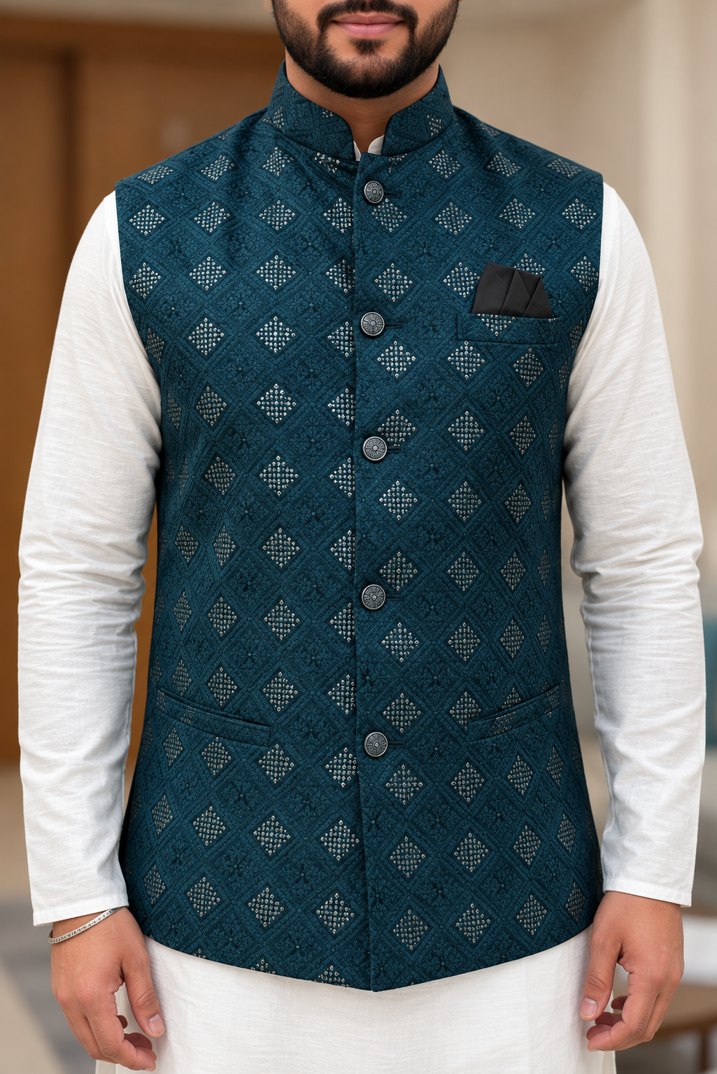 KPD6213 Teal Heavy Sequins Work Nehru Jacket and White Kurta Pyjama Set