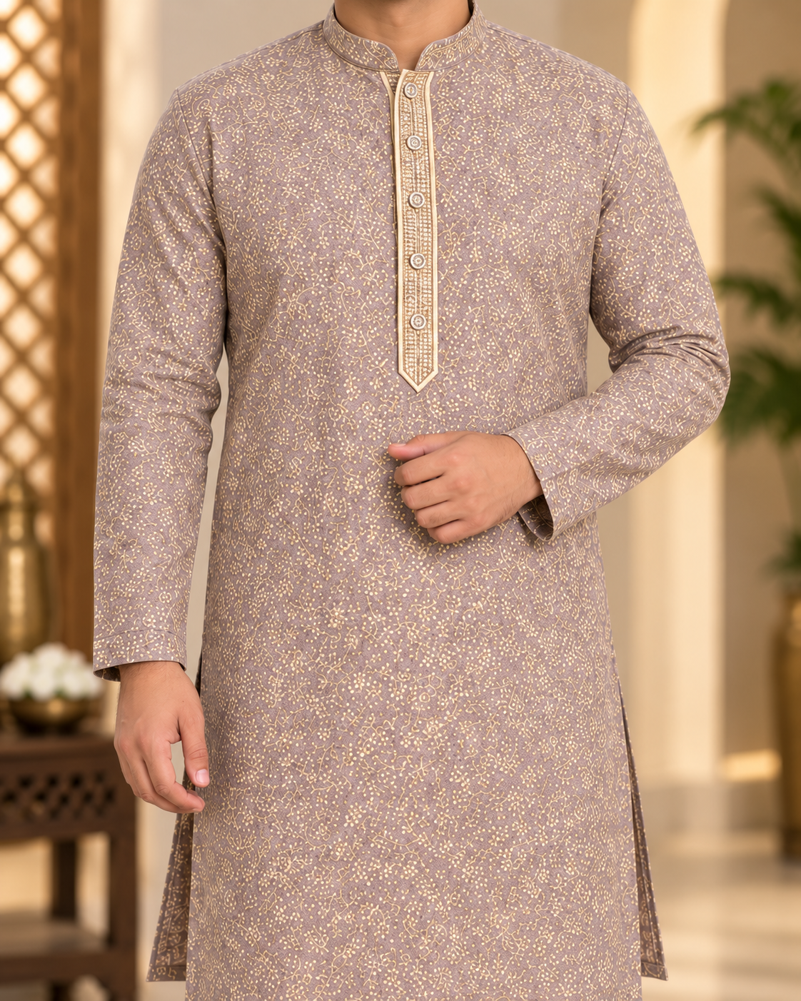 KPD6314 Mauvish Grey Gold Thread Work Kurta with White Pyjama