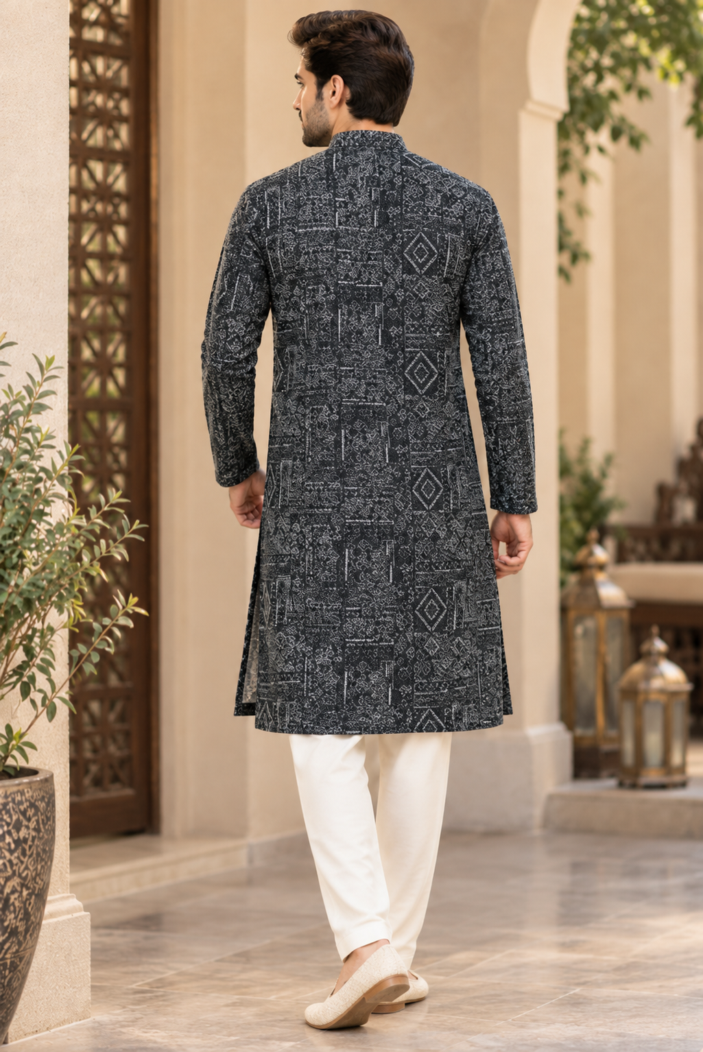 KPD6323 Black Geometric Printed Kurta with White Pyjama