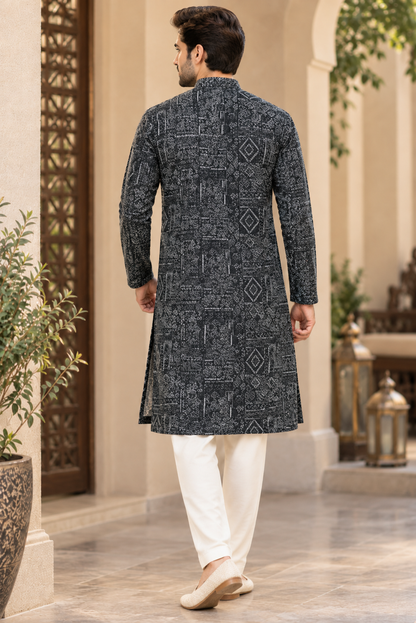 KPD6323 Black Geometric Printed Kurta with White Pyjama