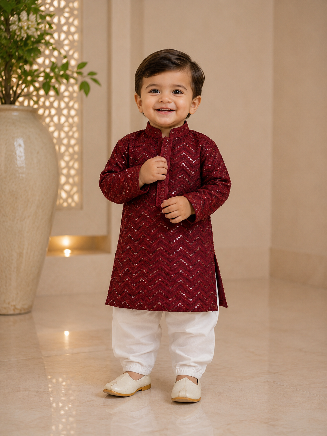KPK2024 Maroon Zigzag Embellished Kurta Pyjama Set for Baby Boys