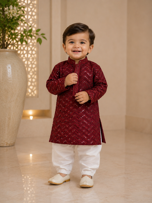 KPK2024 Maroon Zigzag Embellished Kurta Pyjama Set for Baby Boys