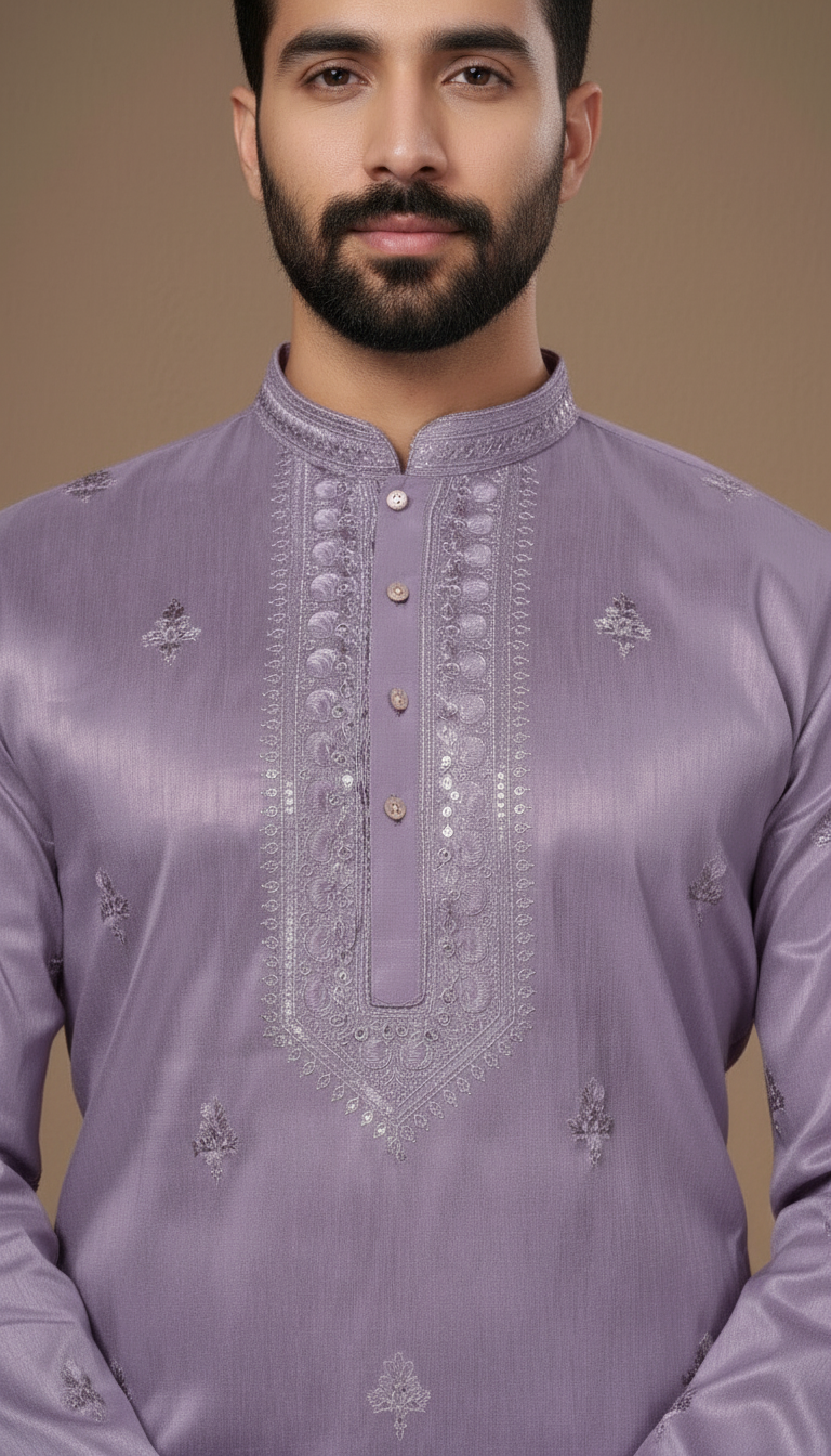 KPD6042 Lavender Silk Embriodery Work Kurta Pyjama Set