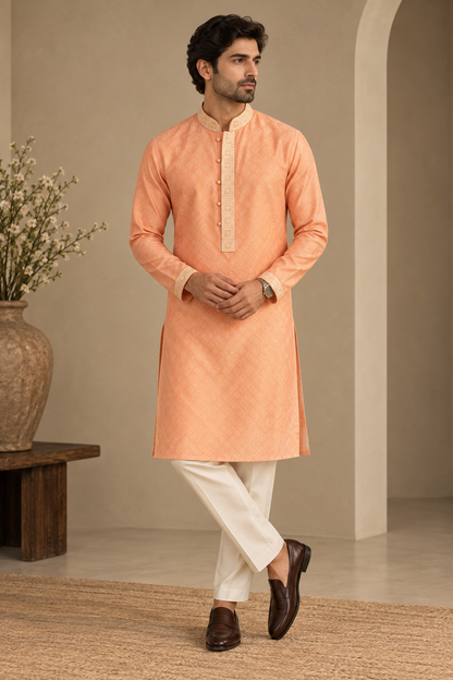 KPD6294 Peach Self-Patterned Designer Kurta with White Pyjamas