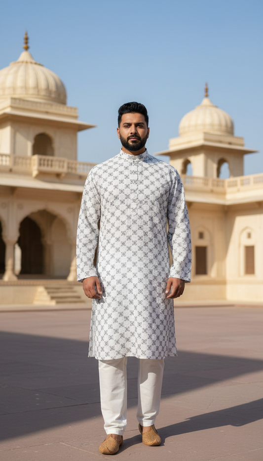 KPD6144 White Thread Work Kurta Pyjama
