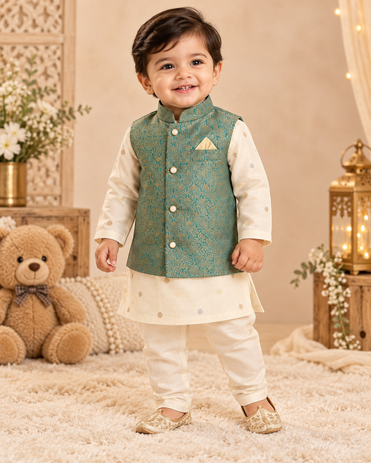 KPK2032 Ivory Kurta Pyjama Set with Teal Gold Nehru Jacket