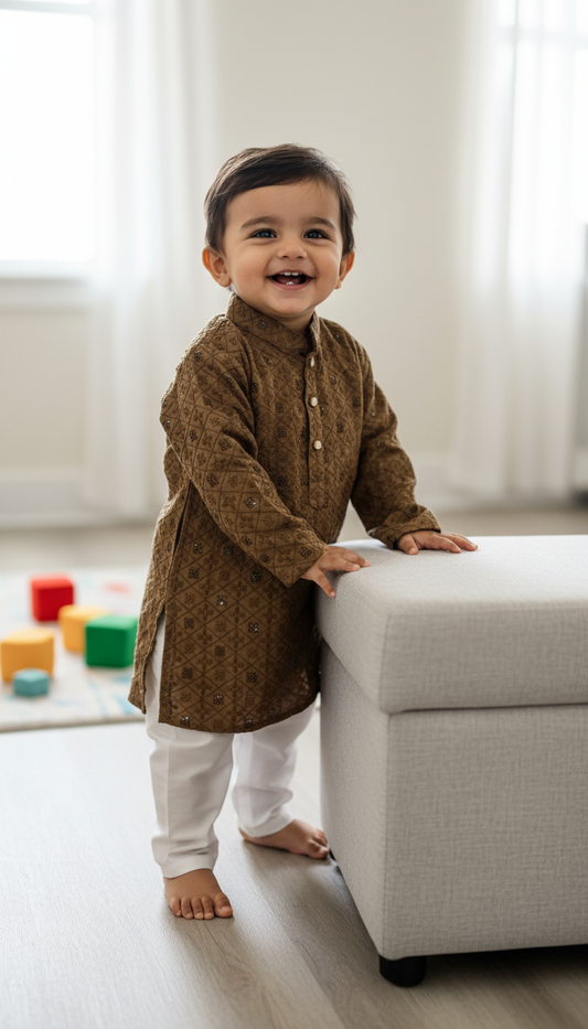 KPK7110 Brown Chikankari Kurta Pyjama Set 1-2y