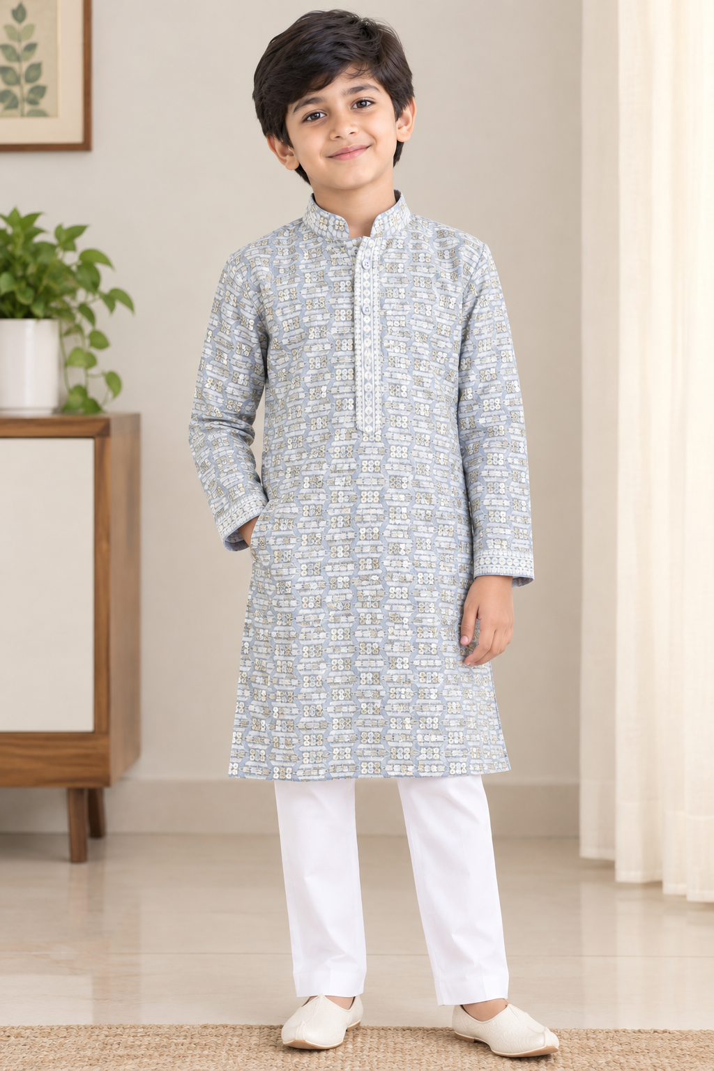 KPK5024 Light Grey Embroidery Kurta with White Pyjama Set for Boys