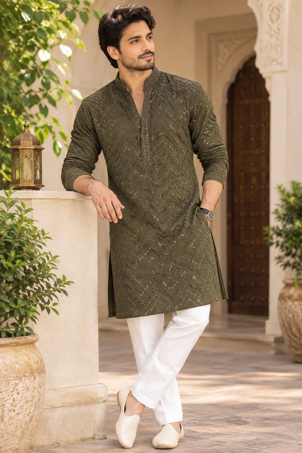 KPD4137 Plus Size Olive Green Heavy Thread & Sequin Work Kurta with Lining & White Pant Set