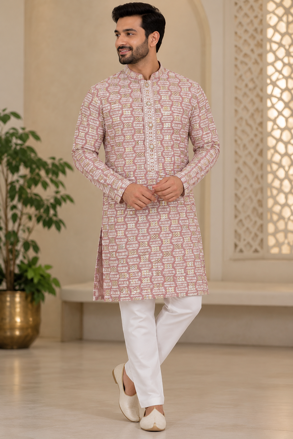 KPD6054 Dusty Rose Pink Embroidered Kurta with White Pyjama Set
