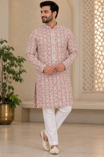 KPD6054 Dusty Rose Pink Embroidered Kurta with White Pyjama Set