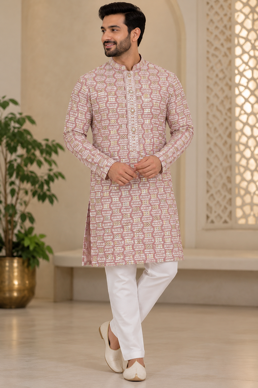 KPD6054 Dusty Rose Pink Embroidered Kurta with White Pyjama Set