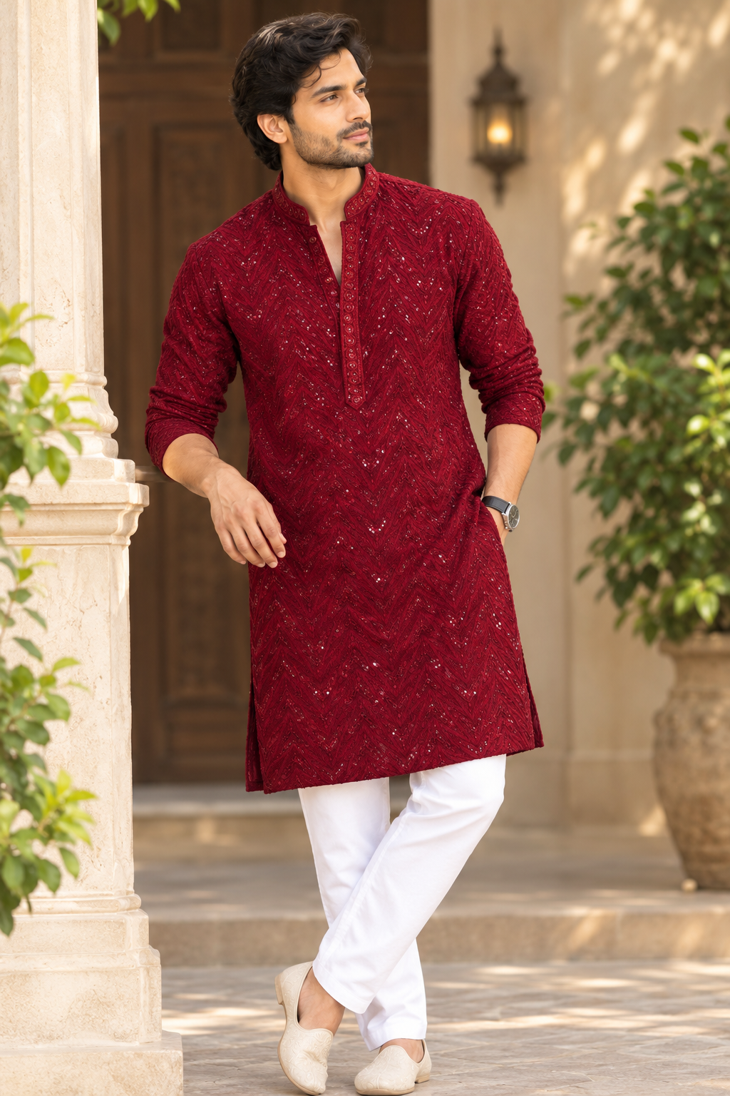 KPD6006 Red Heavy Thread & Sequin Work Rayon Kurta with Lining & White Pant Set