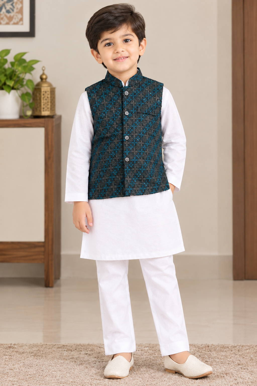 KPK7044 Teal & Black Sequence Nehru Jacket with White Kurta Pyjama for Boys